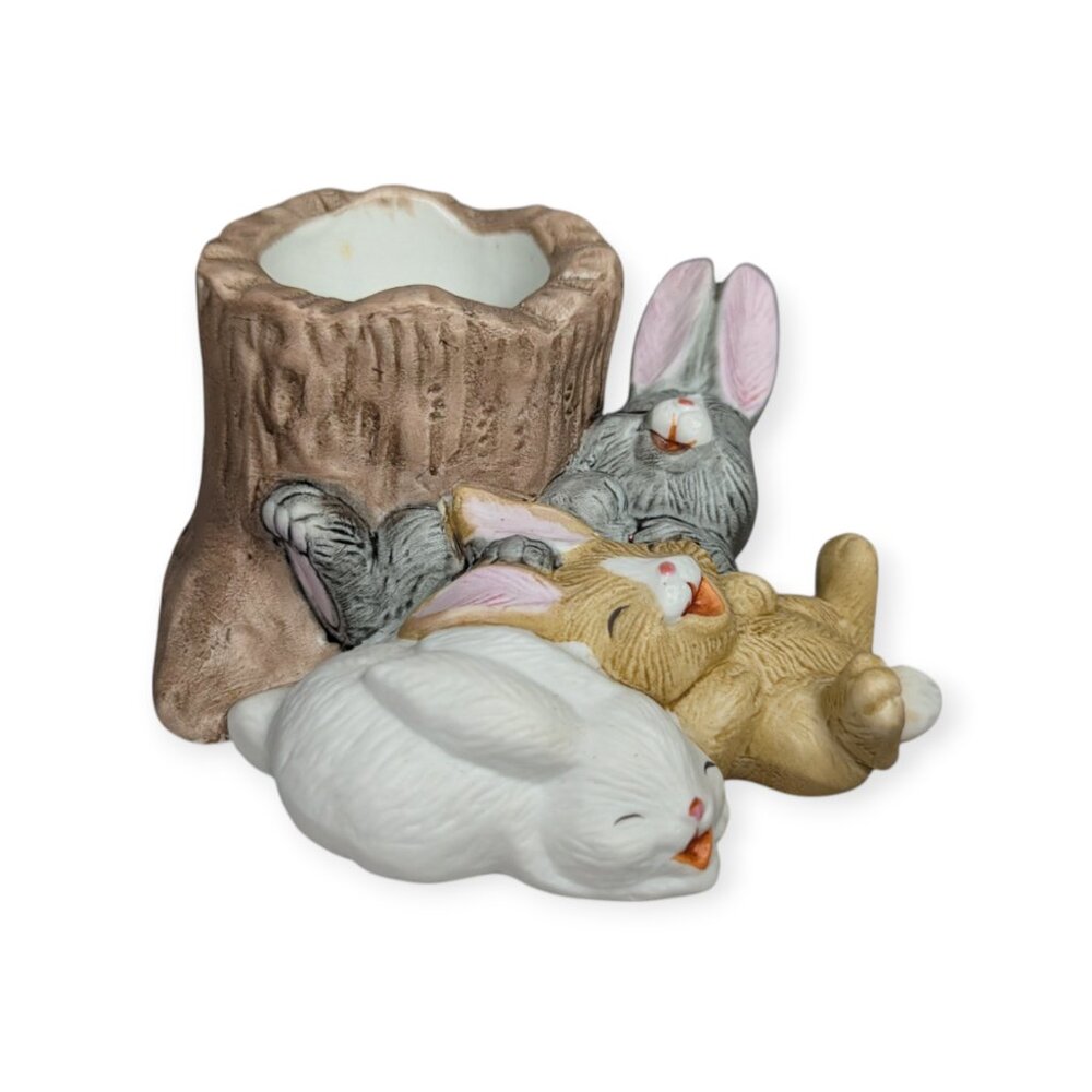 Ceramic Sleeping Bunnies Rabbit Candle Holder Easter Decoration 5" x 4" x 3"